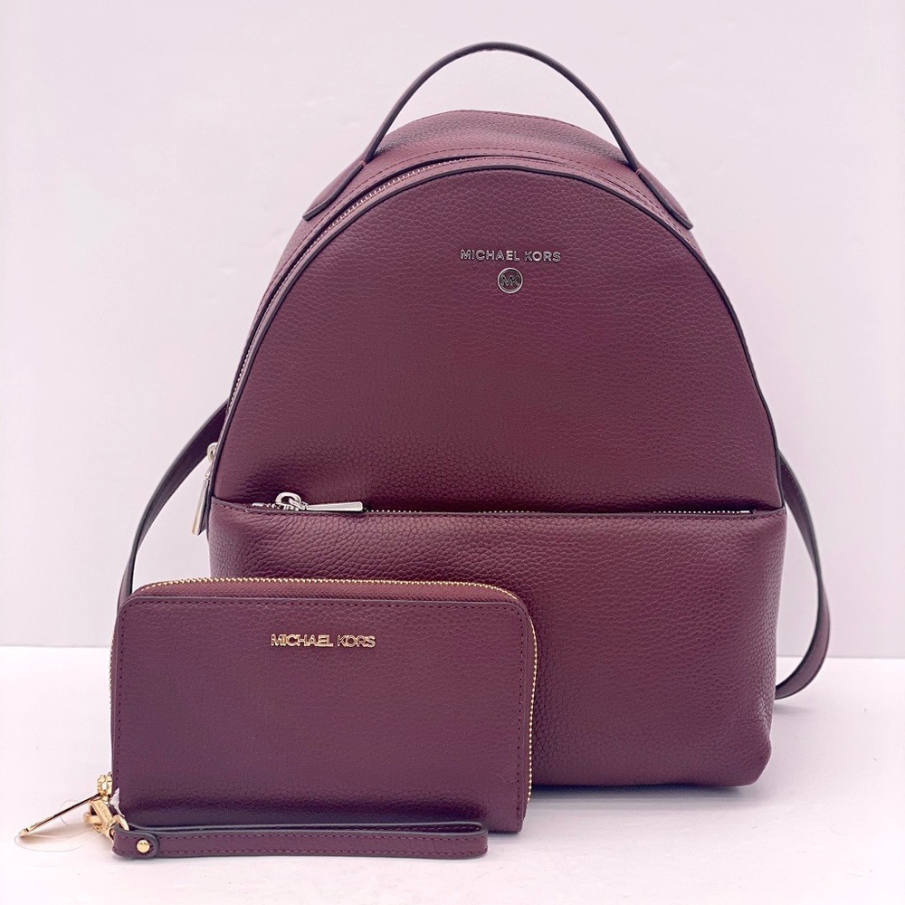 Michael Kors Valerie Medium Pebbled Leather Backpack and Wallet Set Merlot - Picture 2 of 15